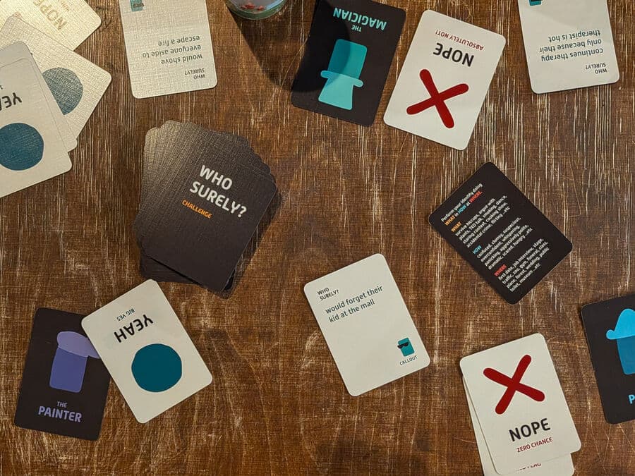 Who Surely? cards spread out on the table